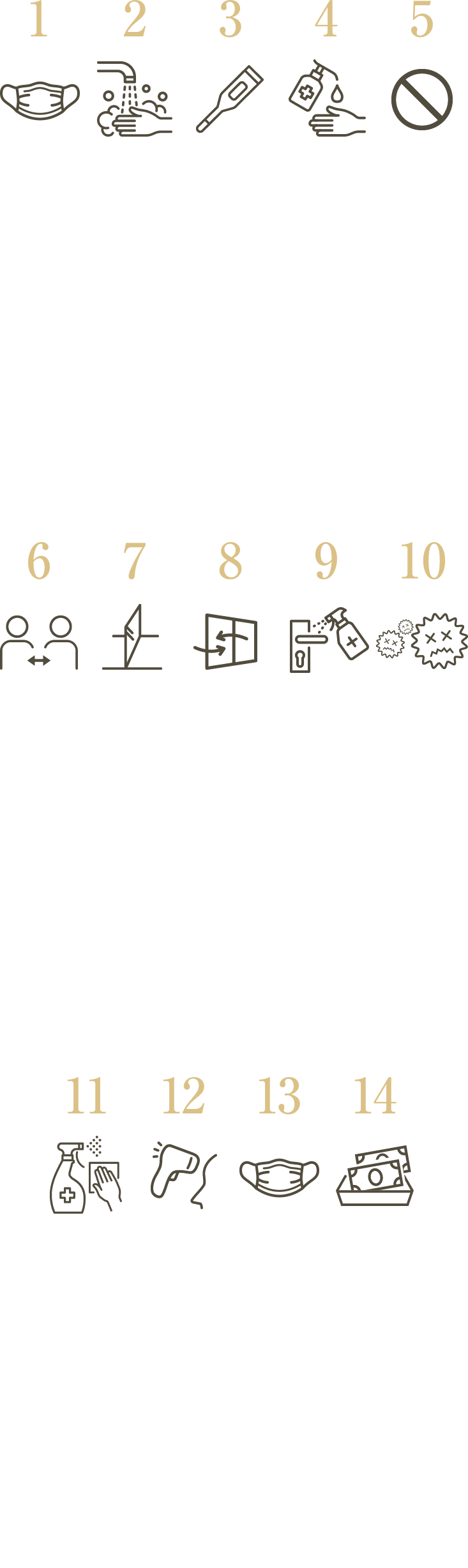 1.スタッフマスク着用 2.スタッフの手洗い 3.スタッフの検温を実施 4.除菌・消毒液の設置 5.個室収容人数制限6.隣席の間隔確保 7.対面席パーテーション設置 8.高機能換気設備による常時ロスナイ換気 9.店内や設備等の消毒・除菌・洗浄 10.厨房内高濃度オゾン除菌 11.お客様の入れ替わり都度の消毒 12.入店時検温・アルコール除菌のお願い 13.食事中以外のマスク着用のお願い 14.お会計時のコイントレイの利用